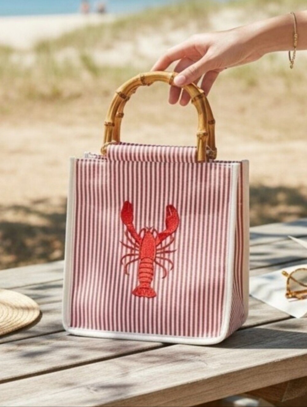 Tommy Bahama Lobster Embroidered Tote Bag, Bamboo Handles, Crossbody Chain Coast